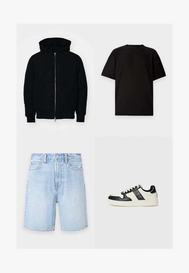 Melna kapucēta jaka ar priekšējo rāvējslēdzēju, kenguru kabatu, ribinātām aprocēm un apakšmalu, parādīta uz vienkārša balta fona.; Melna īsām piedurknēm T-kreklu, kas izgatavots no ribotas auduma. Tam ir apaļa kakla izgriezums un brīvs piegriezums ar gludu tekstūru. Skats tikai no aizmugures.; Gai zila džinsu šorti ar klasisku piegriezumu, piedāvājot piecu kabatu dizainu, saplēstu malē un kontrastējošu šuvumu.; Ādas sporta apavi ar melnbaltu krāsu shēmu, ar perforētiem akcentiem, mīkstinātu apkakli un teksturētu zoli.