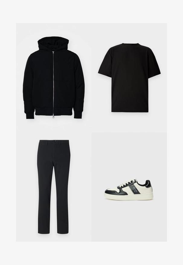 Mustaga kapuutsiga jakk, millel on esineed, kenguru tasku, soonikkoes, ja alläär, esitatud lihtsal valgel taustal.; Mustus lühikeste varrukatega T-särk ribakanga materjalist. Omab ümmargust kaelust ja lõõgastavat istuvust, millel on sile tekstuur. Ainult tagavaade.; Mustad sirgedega mustad püksid, mis on valmistatud siledast kangast. Omab esimest nööbiga sulgemist, vööčlõõse ja kahte külgtaskut.; Nahatud nahkkingad musta ja kreemi värviskeemiga, millel on perforeeritud aktsendid, pehme krae ja tekstureeritud tallad.