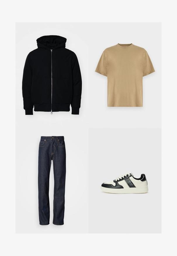 Černá kapucňová bunda s předním zipem, klokaní kapsou, vroubkovanými manžetami a spodním lemem, vystavená na čistém bílém pozadí.; Khaki tričko s krátkým rukávem vyrobené z měkké tkaniny, s kulatým výstřihem a volným střihem. Nejsou na něm viditelné žádné vzory ani grafika.; Tmavě modré džíny s rovnou siluetou, zdobené měděným prošíváním, s pěti kapsami a klasickým zapínáním na zip a knoflík.; Kožené tenisky s černobílou barevnou kombinací, které mají perforované detaily, polstrovaný límec a texturovanou podrážku.