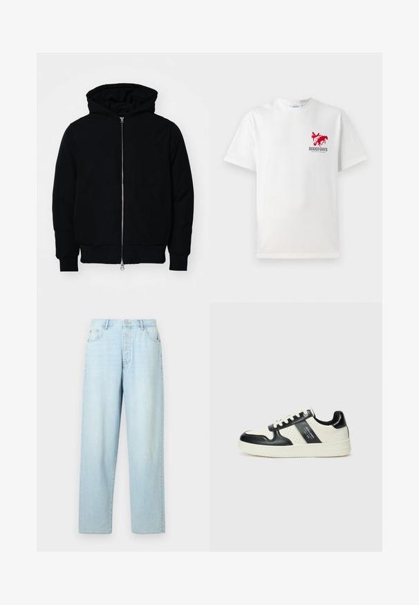 Black hooded jacket with front zipper, kangaroo pocket, ribbed cuffs, and hem, displayed on a plain white background.; White cotton t-shirt featuring a red cowboy and horse graphic on the left chest with "RODEO DAYS" text beneath the design.; Light blue, high-waisted jeans with a straight-leg cut, made from denim, featuring five pockets and a front button closure.; Leather sneakers with a black and cream color scheme, featuring perforated accents, a padded collar, and a textured outsole.