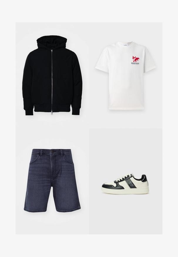 Černá kapucňová bunda s předním zipem, klokaní kapsou, vroubkovanými manžetami a spodním lemem, vystavená na čistém bílém pozadí.; Bílý bavlněný tričko s grafickým motivem červeného kovboje a koně na levé náprsní části, pod kterým je text „RODEO DAYS“. ; Džínové šortky v tmavě indigo barvě se střiháním rovného typu, pěti kapsami a knoflíkovým zapínáním. Obsahují jemné ovládání a detaily šití.; Kožené tenisky s černobílou barevnou kombinací, které mají perforované detaily, polstrovaný límec a texturovanou podrážku.