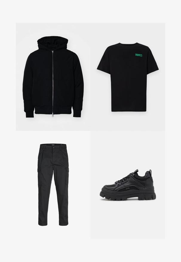 Melna kapucēta jaka ar priekšējo rāvējslēdzēju, kenguru kabatu, ribinātām aprocēm un apakšmalu, parādīta uz vienkārša balta fona.; Melna kokvilnas t-kreka ar īsām piedurknēm. Uz priekšu ir zaļa "ROOTS" logo, apaļa kakla izgriezums un standarta piegriezums.; Melnas kravas bikses, izgatavotas no izturīga auduma, ar vairākiem kabatām, pogu aizdari un šaura piegriezuma dizainu ar sašaurinātiem kāju apakšiem.; Melna masīvā stila sporta apavi ar ādas un acs materiālu kombināciju, biezu zoli, auklēm un aizmugurējo cilpu.