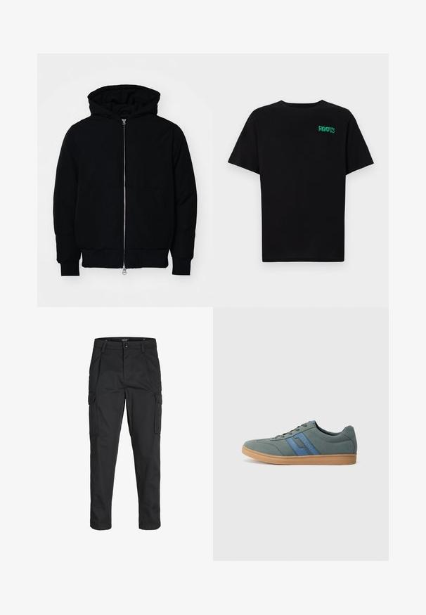 Schwarze Kapuzenjacke mit Frontreißverschluss, Kängurutasche, gerippten Bündchen und Saum, auf einem schlichten weißen Hintergrund präsentiert.; Schwarzes T-Shirt aus Baumwolle mit kurzen Ärmeln. Auf der Vorderseite befindet sich ein grünes "ROOTS"-Logo, es hat einen runden Halsauschnitt und eine normale Passform.; Schwarze Cargo-Hose aus robustem Material, mit mehreren Taschen, einem Knopfverschluss und einem Slim-Fit-Design mit schmal zulaufenden Beinen.; Hellgrüner Wildleder-Sneaker mit blauen Akzenten, flachen Schnürsenkeln und einer beigen Gummisohle. Abgerundete Spitze und modernes, flaches Design.