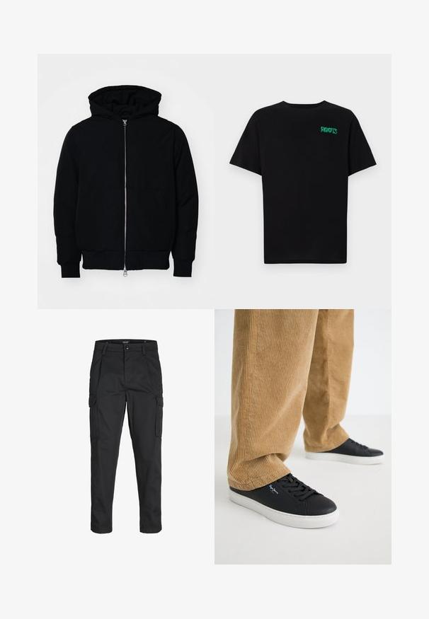 Svart hettejakke med frontglidelås, kengurulomme, ribbestrikket mansjetter og søm, vist på en ensfarget hvit bakgrunn.; svart t-skjorte laget av bomull med korte ermer. Har et grønt "ROOTS"-logo på forsiden, rund halsutringning og standard passform.; Sorte cargo bukser laget av slitesterkt stoff, med flere lommer, knappelukking og en slim fit-design med avsmalnede ben.; Svarte lær-sneakers med hvite gummisåler. Brukt med brune cordbukser med vertikal ribbing og en avslappet passform.