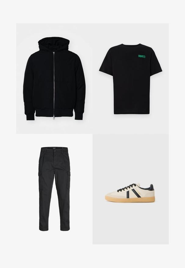 Veste à capuche noire avec fermeture éclair sur le devant, poche kangourou, poignets et ourlet côtelés, présentée sur un fond blanc uni.; T-shirt noir en coton à manches courtes. Présente un logo "ROOTS" vert sur le devant, un col rond et une coupe standard.; Pantalons cargo noirs en tissu résistant, dotés de plusieurs poches, d'une fermeture par bouton et d'une coupe slim avec des jambes fuselées.; Baskets décontractées en crème avec des rayures noires, présentant un dessus texturé et une semelle en caoutchouc. Les lacets sont noirs. Logo discret sur le côté.