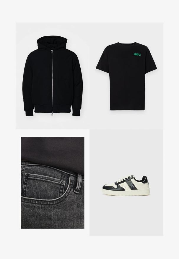 Mustaga kapuutsiga jakk, millel on esineed, kenguru tasku, soonikkoes, ja alläär, esitatud lihtsal valgel taustal.; Must t-särk, mis on valmistatud puuvillast, lühikeste varrukatega. Esipaneelil on roheline "ROOTS" logo, ümmargune kaelus ja tavapärane lõige.; Tumedat hallid denim teksad, millel on ülemine tasku, kontrastne õmblus ja metallnõelad. Tekstuur näeb välja veidi kulunud, vertikaalsete joontega.; Nahatud nahkkingad musta ja kreemi värviskeemiga, millel on perforeeritud aktsendid, pehme krae ja tekstureeritud tallad.