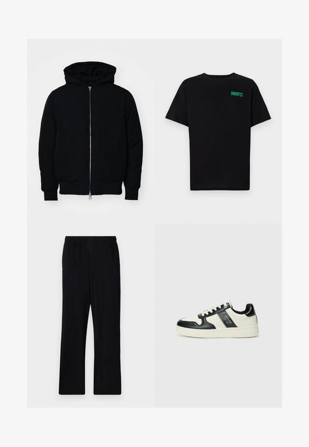 Črna kapuca jakna s sprednjim zadrgo, kenguru žepom, rebrastimi manšetami in hemom, razstavljena na enostavni beli ozadju.; Črna majica iz bombaža z kratkimi rokavi. Na sprednji strani ima zeleno logotip "ROOTS", okroglo ovratnico in standardno prileganje.; Črne, naborkane hlače z elastiko v pasu, ravnim krojem in teksturirano tkanino. Brez vidnih žepov ali okraskov.; Usnjeni športni čevlji z črno in krem barvno shemo, ki vključujejo perforirane dodatke, podložen ovratnik in strukturirano podplat.