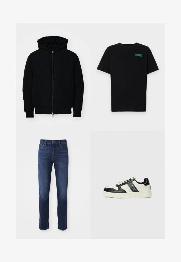 Schwarze Kapuzenjacke mit Frontreißverschluss, Kängurutasche, gerippten Bündchen und Saum, auf einem schlichten weißen Hintergrund präsentiert.; Schwarzes T-Shirt aus Baumwolle mit kurzen Ärmeln. Auf der Vorderseite befindet sich ein grünes "ROOTS"-Logo, es hat einen runden Halsauschnitt und eine normale Passform.; Dunkelblaue Jeans aus Denim mit geradem Schnitt, klassischem Fünf-Taschen-Design und metallischem Knopfverschluss. Dezente Ausbleichungen auf dem Stoff.; Leder-Sneaker in Schwarz- und Cremetönen, mit perforierten Akzenten, einem gepolsterten Kragen und einer strukturierten Laufsohle.