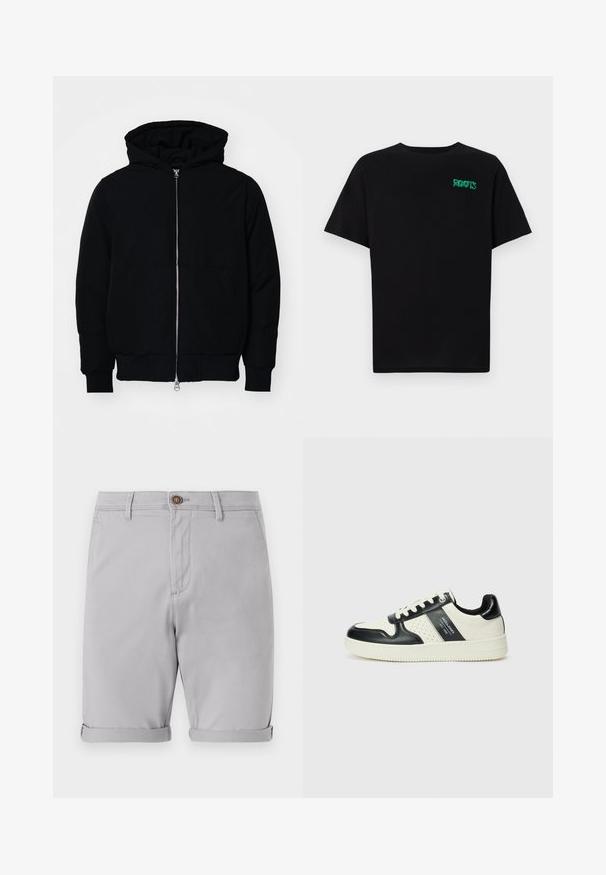 Zwarte hoodie met rits aan de voorkant, kangoeroe-pocket, geribbelde manchetten en zoom, weergegeven op een effen witte achtergrond.; Zwarte T-shirt van katoen met korte mouwen. Heeft een groen "ROOTS" logo op de voorkant, een ronde halslijn en een standaard pasvorm.; Lichtgrijze katoenen shorts met opgerolde manchetten, een enkele knoopsluiting aan de voorkant en zijzakken, met een gladde textuur en een gestructureerd ontwerp.; Leren sneakers met een zwart en crèmekleurig kleurenschema, voorzien van geperforeerde accenten, een gevoerde kraag en een gestructureerde buitenzool.