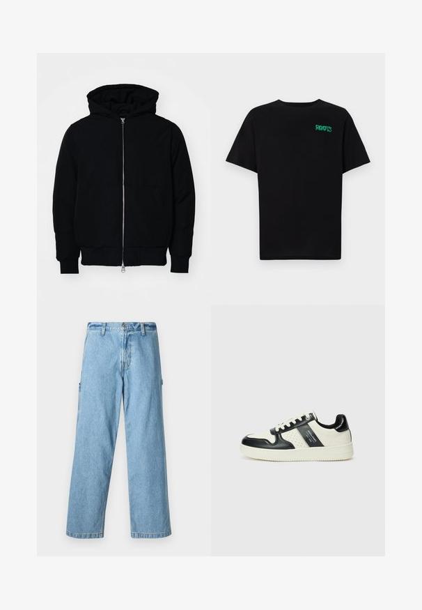 Black hooded jacket with front zipper, kangaroo pocket, ribbed cuffs, and hem, displayed on a plain white background.; Black t-shirt made of cotton with short sleeves. Features a green "ROOTS" logo on the front, round neckline, and standard fit.; Abercrombie & Fitch ULTRA BAGGY MID LIGHT PAINTER - Baggy Jeans - medium; Leather sneakers with a black and cream color scheme, featuring perforated accents, a padded collar, and a textured outsole.