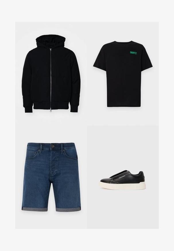 Fekete kapucnis dzseki elülső cipzárral, kenguruzsebbel, bordázott mandzsettákkal és aba, egy sima fehér háttér előtt.; Fekete, pamutból készült póló rövid ujjakkal. Elöl zöld "ROOTS" logóval, kerek nyakkivágással és normál szabással.; Sötétkék farmer rövidnadrág, rolled szürke szegéllyel. Klasszikus öt zsebes dizájn és gombos záródás a derékon.; Fekete slip-on sneaker, textúrált bőrfelsővel, fehér gumitalppal és láthatatlan fűzőkkel. Az oldalon a márka logója található.