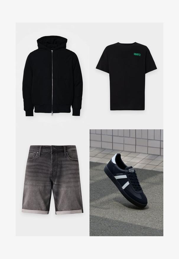 Juodas gobtuvėlis su priekiniu užtrauktuku, kengūros tipo kišene, lygiais rankogaliais ir apvadu, pateiktas ant vientiso balto fono.; Juodas medvilninis marškinėliai trumpomis rankovėmis. Priekyje yra žalias „ROOTS“ logotipas, apvalus iškirpimas ir standartinė prigludimo forma.; Tamsiai pilki džinsiniai šortai su išblukusiu finišu, pasižymintys suktuku apvadu, priekinėmis kišenėmis ir metaline sagčių uždarymo sistema.; Juodas odinis sportinis batelis su baltais dryžiais, tekstūruota gumine padais ir raišteliais priekyje. Yra prekės ženklą žymintis etiketė ant liežuvio.