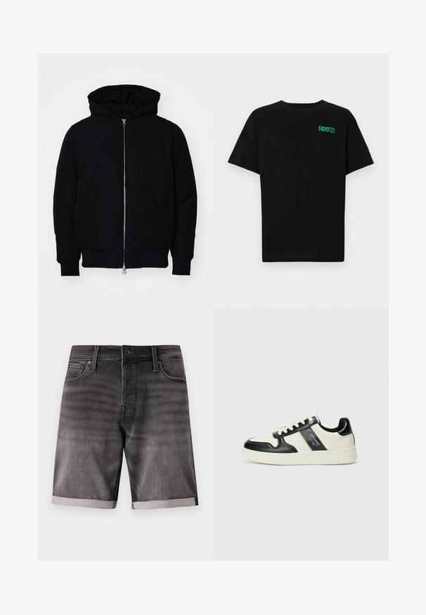 Chaqueta negra con capucha, cierre frontal, bolsillo tipo canguro, y puños y dobladillo acanalados, exhibida sobre un fondo blanco liso.; Camiseta negra de algodón con mangas cortas. Presenta un logo verde "ROOTS" en el frente, escote redondo y corte estándar.; Shorts de mezclilla en gris oscuro con un acabado desgastado, que cuentan con un dobladillo enrollado, bolsillos delanteros y un cierre de botón metálico.; Zapatillas de cuero con un esquema de colores negro y crema, que cuentan con acentos perforados, un collar acolchado y una suela texturizada.