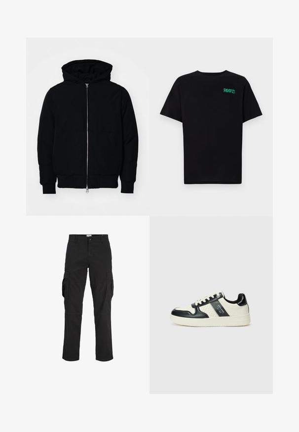 Crna kapuška jakna s prednjim zatvaračem, kenguru džepom, rebrastim manžetama i rubom, prikazana na običnoj bijeloj pozadini.; Crna majica kratkih rukava od pamuka. Na prednjem dijelu se nalazi zeleni "ROOTS" logo, okrugli izrez i standardni kroj.; Crne cargo hlače od pamuka, s višestrukim bočnim džepovima, ravnim krojem i zatvaranjem na gumbu u struku.; Kožne tenisice s crno-bijelom paletom boja, koje imaju perforirane akcentne detalje, podstavljeni ovratnik i teksturiranu potplat.