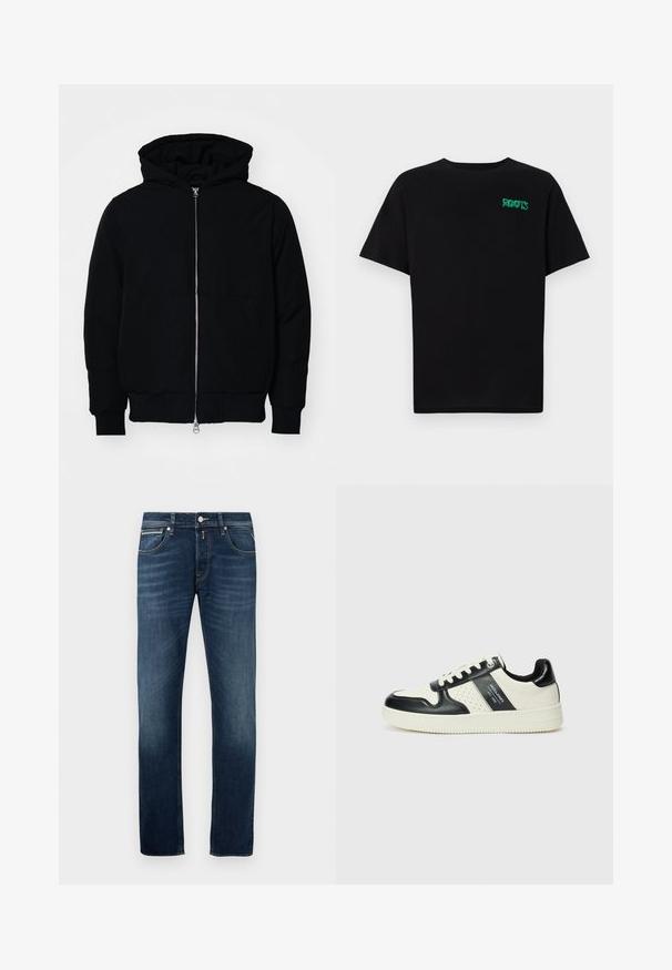 Jachetă neagră cu glugă, cu fermoar în față, buzunar tip kangaroo, mansete și tiv ribbed, prezentată pe un fundal alb simplu.; Tricou negru din bumbac, cu mâneci scurte. Prezintă un logo verde "ROOTS" pe față, guler rotund și o potrivire standard.; Jeanși drepti de culoare albastru închis, cu o ușoară decolorare pe coapse, cinci buzunare și închidere cu un buton metalic la talie.; Tenisi din piele cu un scheme de culori negru și crem, dotati cu accente perforate, guler căptușit și o talpă texturată.