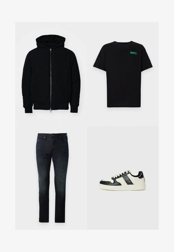 Juodas gobtuvėlis su priekiniu užtrauktuku, kengūros tipo kišene, lygiais rankogaliais ir apvadu, pateiktas ant vientiso balto fono.; Juodas medvilninis marškinėliai trumpomis rankovėmis. Priekyje yra žalias „ROOTS“ logotipas, apvalus iškirpimas ir standartinė prigludimo forma.; Tamsiai mėlynos džinsinės kelnės su tiesia kirpimo forma, turinčios penkis kišenes, sagčių užsegimą ir subtilius tekstūros pokyčius.; Odiniai sportbačiai juodos ir kreminės spalvų schemoje, su perforuotais akcentais, paminkštinta apykakle ir tekstūruotu padu.