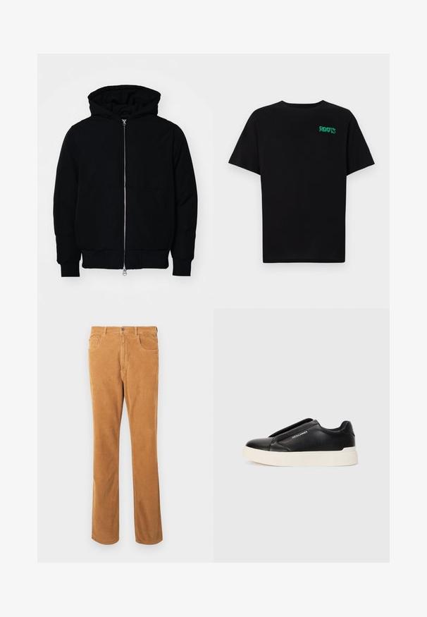 Black hooded jacket with front zipper, kangaroo pocket, ribbed cuffs, and hem, displayed on a plain white background.; Black t-shirt made of cotton with short sleeves. Features a green "ROOTS" logo on the front, round neckline, and standard fit.; Light brown corduroy pants with classic five-pocket design and button closure, displayed flat on white background.; Black slip-on sneaker with textured leather upper, white rubber sole, and no visible laces. Features brand logo on the side.