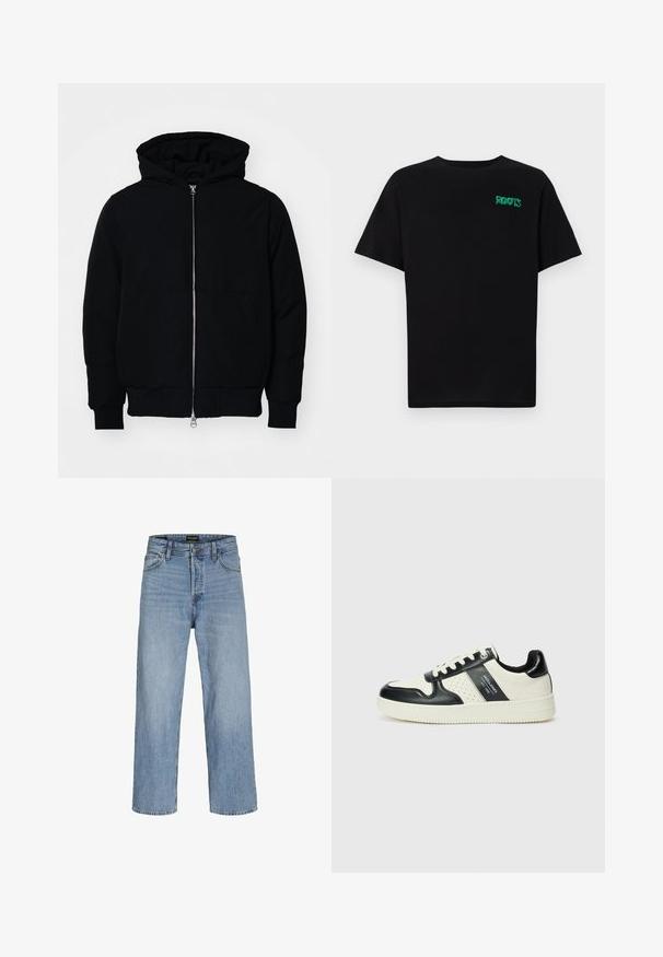 Chaqueta negra con capucha, cierre frontal, bolsillo tipo canguro, y puños y dobladillo acanalados, exhibida sobre un fondo blanco liso.; Camiseta negra de algodón con mangas cortas. Presenta un logo verde "ROOTS" en el frente, escote redondo y corte estándar.; Vaqueros de mezclilla azul claro con cintura alta, diseño de pierna recta, cinco bolsillos y cierre de botón. Lavado clásico con mínimas desgastaciones.; Zapatillas de cuero con un esquema de colores negro y crema, que cuentan con acentos perforados, un collar acolchado y una suela texturizada.