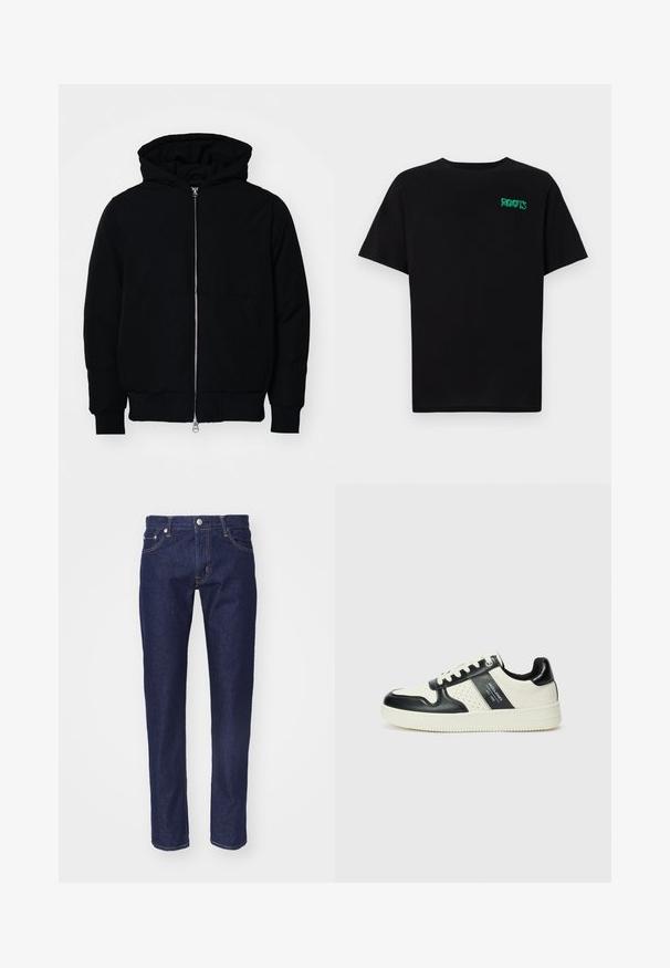 Veste à capuche noire avec fermeture éclair sur le devant, poche kangourou, poignets et ourlet côtelés, présentée sur un fond blanc uni.; T-shirt noir en coton à manches courtes. Présente un logo "ROOTS" vert sur le devant, un col rond et une coupe standard.; Jean en denim bleu marine avec une coupe droite, une conception à cinq poches, des coutures orange contrastées et une fermeture à bouton en métal argenté à la taille.; Baskets en cuir avec un schéma de couleurs noir et crème, dotées d'accents perforés, d'un col rembourré et d'une semelle texturée.