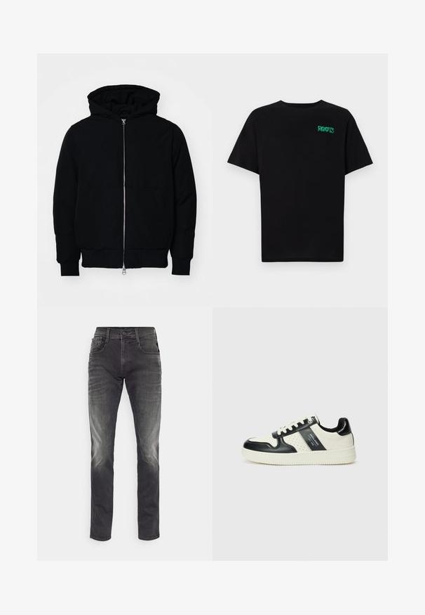 Svart hettejakke med frontglidelås, kengurulomme, ribbestrikket mansjetter og søm, vist på en ensfarget hvit bakgrunn.; svart t-skjorte laget av bomull med korte ermer. Har et grønt "ROOTS"-logo på forsiden, rund halsutringning og standard passform.; Slim-fit grå jeans med falmede detaljer, fem lommer, bæltestropper og knaplukning. Lavet af denim med en glat overflade.; Lædersneakers med sort og creme farveskema, der har perforerede detaljer, en polstret krave og en struktureret ydersål.