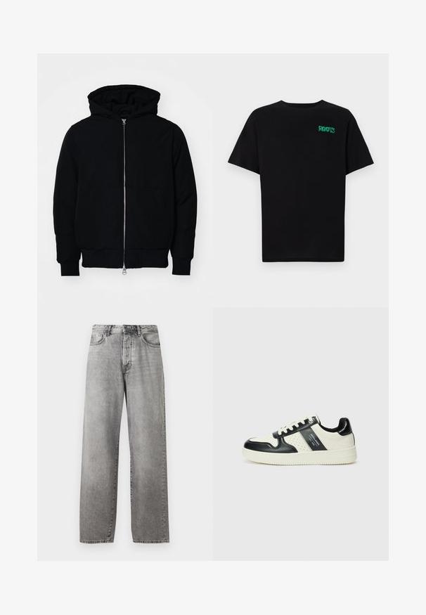 Jachetă neagră cu glugă, cu fermoar în față, buzunar tip kangaroo, mansete și tiv ribbed, prezentată pe un fundal alb simplu.; Tricou negru din bumbac, cu mâneci scurte. Prezintă un logo verde "ROOTS" pe față, guler rotund și o potrivire standard.; Jeans cenuțe gri, cu picioare largi, realizate din denim. Dispun de un talie înaltă, cinci buzunare și un sistem de închidere cu buton și fermoar. Prezintă o decolorare subtilă pe întreaga țesătură.; Tenisi din piele cu un scheme de culori negru și crem, dotati cu accente perforate, guler căptușit și o talpă texturată.