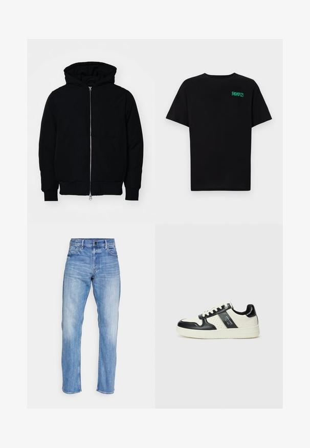 Juodas gobtuvėlis su priekiniu užtrauktuku, kengūros tipo kišene, lygiais rankogaliais ir apvadu, pateiktas ant vientiso balto fono.; Juodas medvilninis marškinėliai trumpomis rankovėmis. Priekyje yra žalias „ROOTS“ logotipas, apvalus iškirpimas ir standartinė prigludimo forma.; Šviesiai mėlynos džinsinės kelnės su tiesiu kirpimu, su užtrauktuku, penkiomis kišenėmis ir subtiliu blukimu priekyje.; Odiniai sportbačiai juodos ir kreminės spalvų schemoje, su perforuotais akcentais, paminkštinta apykakle ir tekstūruotu padu.