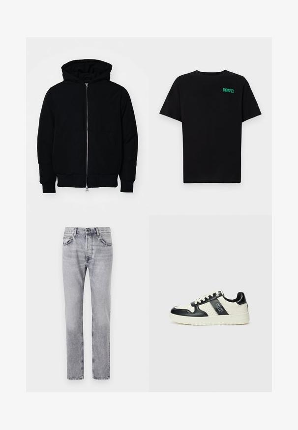 Mustaga kapuutsiga jakk, millel on esineed, kenguru tasku, soonikkoes, ja alläär, esitatud lihtsal valgel taustal.; Must t-särk, mis on valmistatud puuvillast, lühikeste varrukatega. Esipaneelil on roheline "ROOTS" logo, ümmargune kaelus ja tavapärane lõige.; Hallid denim püksid on sirge lõikega, viie taskuga ja kerge fade detailiga. Ees on metallist nupp ja lukku sulgemine.; Nahatud nahkkingad musta ja kreemi värviskeemiga, millel on perforeeritud aktsendid, pehme krae ja tekstureeritud tallad.