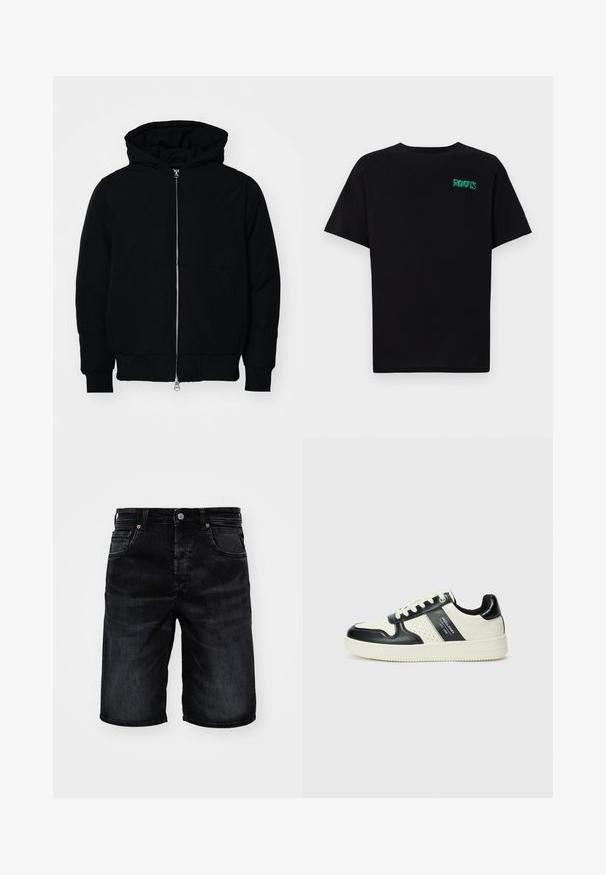 Mustat huppu-untuvatakki, jossa on vetoketju edessä, kenguru-tasku, ribatut hihansuut ja helma, esillä yksinkertaisella valkoisella taustalla.; Mustat t-paidat, jotka on valmistettu puuvillasta ja joissa on lyhyet hihat. Edessä vihreä "ROOTS"-logo, pyöreä kaula-aukko ja normaali istuvuus.; Mustat farkkushortsit suoralinjaisella leikkauksella, viidellä taskulla ja kuparinvärisillä yksityiskohdilla. Silkkinen rakenne, esitetty valkoista taustaa vasten.; Nahkakengät musta-kerma värimaailmassa, joissa on rei'itetyt yksityiskohdat, pehmustettu nilkkaosa ja teksturoitu pohja.