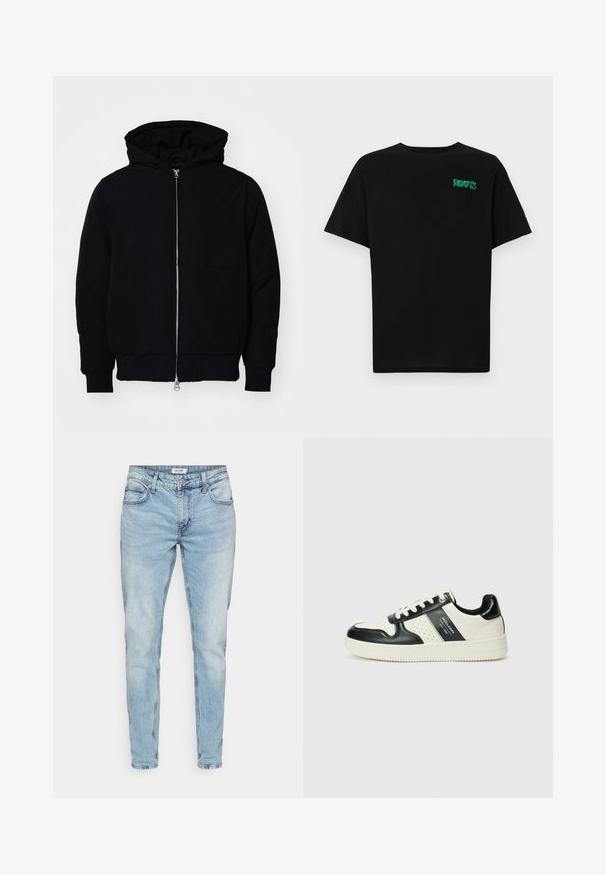 Mustat huppu-untuvatakki, jossa on vetoketju edessä, kenguru-tasku, ribatut hihansuut ja helma, esillä yksinkertaisella valkoisella taustalla.; Mustat t-paidat, jotka on valmistettu puuvillasta ja joissa on lyhyet hihat. Edessä vihreä "ROOTS"-logo, pyöreä kaula-aukko ja normaali istuvuus.; Vaaleansiniset farkut suoran mallin kanssa, joissa on viisi taskua ja hieman haalistunut pinta. UVastaanotettua klassista vetoketjua ja vyölenkkejä.; Nahkakengät musta-kerma värimaailmassa, joissa on rei'itetyt yksityiskohdat, pehmustettu nilkkaosa ja teksturoitu pohja.