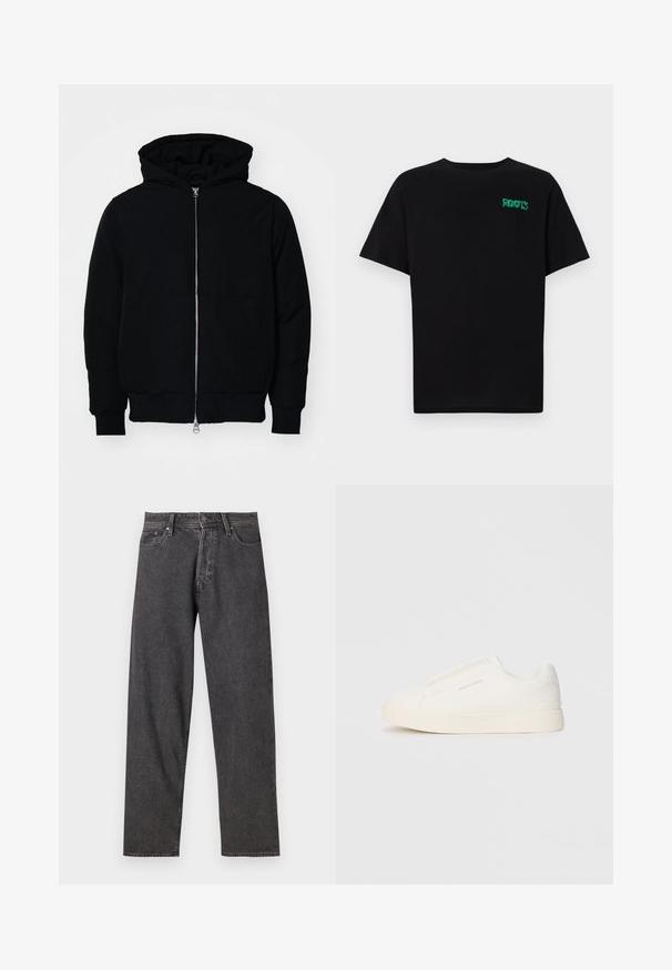 Melna kapucēta jaka ar priekšējo rāvējslēdzēju, kenguru kabatu, ribinātām aprocēm un apakšmalu, parādīta uz vienkārša balta fona.; Melna kokvilnas t-kreka ar īsām piedurknēm. Uz priekšu ir zaļa "ROOTS" logo, apaļa kakla izgriezums un standarta piegriezums.; Melni džinsi ar taisnu kāju griezumu, piecu kabatu dizainu un nedaudz izbalējušu izskatu. Iezīmējas ar pogu aizdari un jostu cilpiņām.; Baltas slip-on sporta apavi ar teksturētu virsmu, biezu zoli un minimālistisku dizainu. Sānos redzams zīmola logotips.