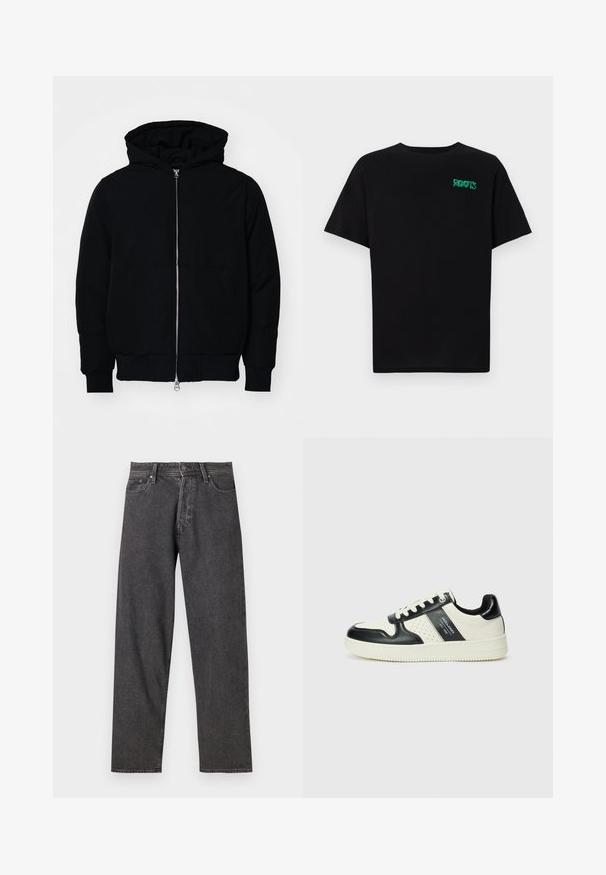 Chaqueta negra con capucha, cierre frontal, bolsillo tipo canguro, y puños y dobladillo acanalados, exhibida sobre un fondo blanco liso.; Camiseta negra de algodón con mangas cortas. Presenta un logo verde "ROOTS" en el frente, escote redondo y corte estándar.; Jeans de denim negro con corte recto, diseño de cinco bolsillos y un sutil desgaste. Presenta un cierre de botón y bucles para cinturón.; Zapatillas de cuero con un esquema de colores negro y crema, que cuentan con acentos perforados, un collar acolchado y una suela texturizada.