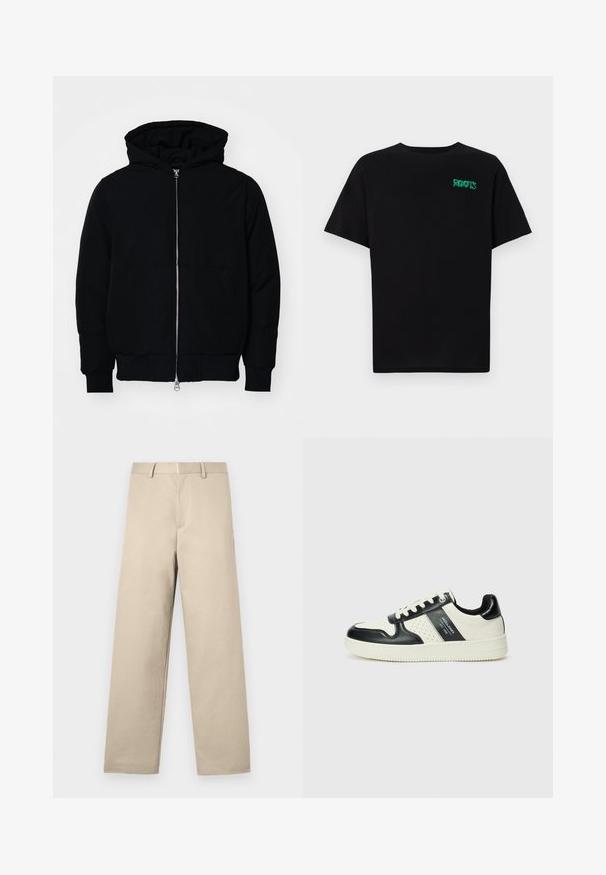 Black hooded jacket with front zipper, kangaroo pocket, ribbed cuffs, and hem, displayed on a plain white background.; Black t-shirt made of cotton with short sleeves. Features a green "ROOTS" logo on the front, round neckline, and standard fit.; Beige trousers with a straight-leg design, flat front, two side pockets, and a zipper fly. Made from a smooth cotton fabric.; Leather sneakers with a black and cream color scheme, featuring perforated accents, a padded collar, and a textured outsole.