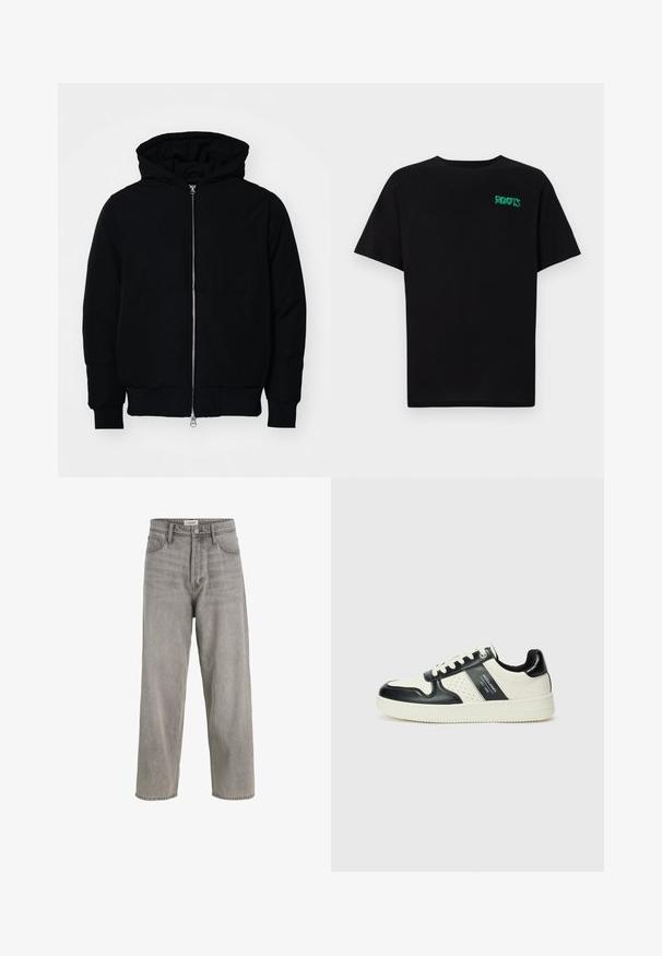 Black hooded jacket with front zipper, kangaroo pocket, ribbed cuffs, and hem, displayed on a plain white background.; Black t-shirt made of cotton with short sleeves. Features a green "ROOTS" logo on the front, round neckline, and standard fit.; Gray denim jeans with a high waist, wide leg design, subtle whiskering, and five-pocket style. Features metal button closure and belt loops.; Leather sneakers with a black and cream color scheme, featuring perforated accents, a padded collar, and a textured outsole.