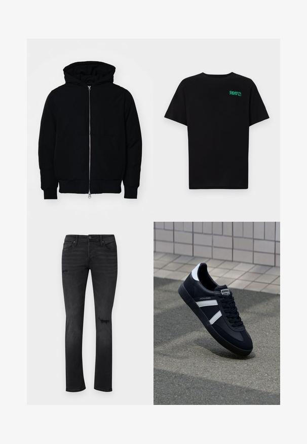 Veste à capuche noire avec fermeture éclair sur le devant, poche kangourou, poignets et ourlet côtelés, présentée sur un fond blanc uni.; T-shirt noir en coton à manches courtes. Présente un logo "ROOTS" vert sur le devant, un col rond et une coupe standard.; Jeans en denim noir avec une coupe slim, présentant des zones déchirées visibles au niveau des genoux, cinq poches, ainsi qu'une fermeture standard à bouton et à glissière.; Sneaker en cuir noir avec des rayures blanches, semelle en caoutchouc texturée et devant à lacets. Présente une étiquette de marque sur la languette.