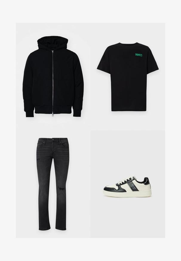 Black hooded jacket with front zipper, kangaroo pocket, ribbed cuffs, and hem, displayed on a plain white background.; Black t-shirt made of cotton with short sleeves. Features a green "ROOTS" logo on the front, round neckline, and standard fit.; Black denim jeans with a slim fit, featuring visible distressed areas at the knees, five pockets, and a standard button and zipper closure.; Leather sneakers with a black and cream color scheme, featuring perforated accents, a padded collar, and a textured outsole.