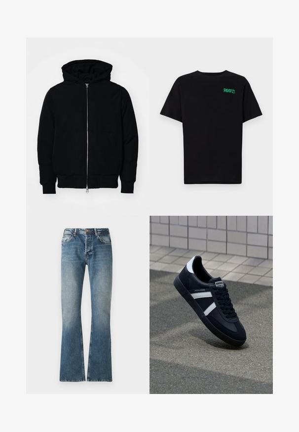 Melna kapucēta jaka ar priekšējo rāvējslēdzēju, kenguru kabatu, ribinātām aprocēm un apakšmalu, parādīta uz vienkārša balta fona.; Melna kokvilnas t-kreka ar īsām piedurknēm. Uz priekšu ir zaļa "ROOTS" logo, apaļa kakla izgriezums un standarta piegriezums.; Zili džinsi ar nolietojuma efektu, taisnas kājas griezumu, pogu un rāvējslēdzēja aizdari, kā arī piecu kabatu dizainu.; Melnā ādas sporta apavi ar baltām svītrām, teksturēta gumijas zole un auklu aizdare. Iekļauj zīmola etiķeti uz mēles.