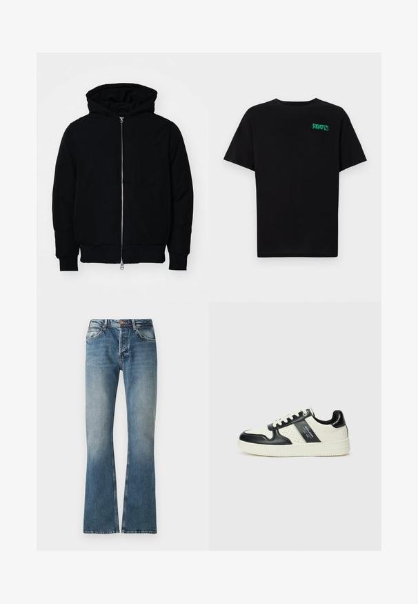 Črna kapuca jakna s sprednjim zadrgo, kenguru žepom, rebrastimi manšetami in hemom, razstavljena na enostavni beli ozadju.; Črna majica iz bombaža z kratkimi rokavi. Na sprednji strani ima zeleno logotip "ROOTS", okroglo ovratnico in standardno prileganje.; Modre jeans hlače iz jeansa z efektom zbledelosti, ravne noge, z gumbom in zadrgo ter zasnovo s petimi žepi.; Usnjeni športni čevlji z črno in krem barvno shemo, ki vključujejo perforirane dodatke, podložen ovratnik in strukturirano podplat.