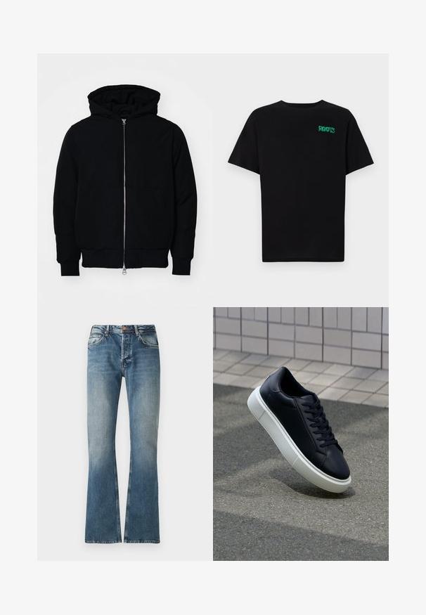 Chaqueta negra con capucha, cierre frontal, bolsillo tipo canguro, y puños y dobladillo acanalados, exhibida sobre un fondo blanco liso.; Camiseta negra de algodón con mangas cortas. Presenta un logo verde "ROOTS" en el frente, escote redondo y corte estándar.; Jeans de mezclilla azul con efecto desgastado, corte recto, cierre de botón y cremallera, y diseño de cinco bolsillos.; Zapatilla de cuero negro con punta redonda y suela de goma blanca. Presenta cordones planos y un mínimo de costuras en la parte superior. Suela texturizada para proporcionar agarre.