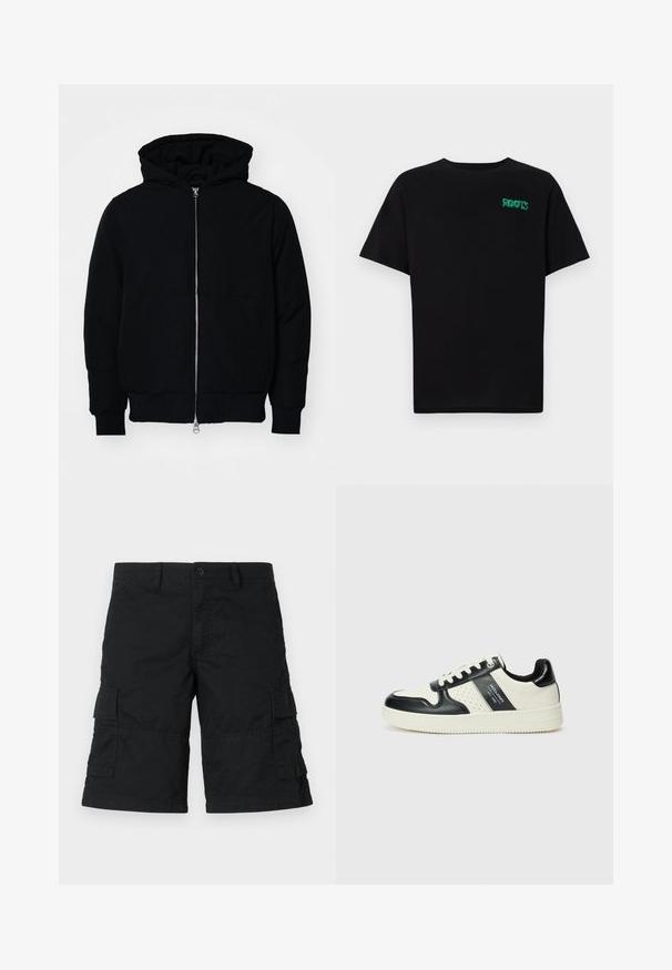 Veste à capuche noire avec fermeture éclair sur le devant, poche kangourou, poignets et ourlet côtelés, présentée sur un fond blanc uni.; T-shirt noir en coton à manches courtes. Présente un logo "ROOTS" vert sur le devant, un col rond et une coupe standard.; Shorts cargo noirs en tissu léger ; dotés de deux poches latérales et de deux poches à rabat ; design droit avec une coupe ample.; Baskets en cuir avec un schéma de couleurs noir et crème, dotées d'accents perforés, d'un col rembourré et d'une semelle texturée.