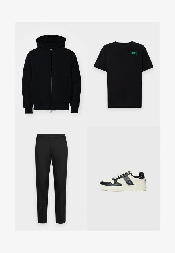 Crna kapuška jakna s prednjim zatvaračem, kenguru džepom, rebrastim manžetama i rubom, prikazana na običnoj bijeloj pozadini.; Crna majica kratkih rukava od pamuka. Na prednjem dijelu se nalazi zeleni "ROOTS" logo, okrugli izrez i standardni kroj.; Crne hlače od glatkog materijala s uskim krojem, s kopčanjem na dugme, petljama za remen i ravnim nogavicama.; Kožne tenisice s crno-bijelom paletom boja, koje imaju perforirane akcentne detalje, podstavljeni ovratnik i teksturiranu potplat.
