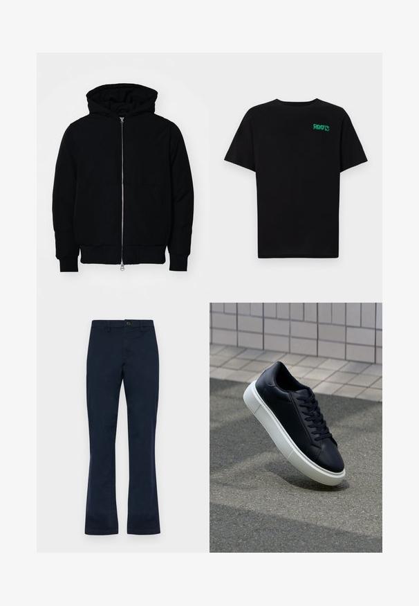 Crna kapuška jakna s prednjim zatvaračem, kenguru džepom, rebrastim manžetama i rubom, prikazana na običnoj bijeloj pozadini.; Crna majica kratkih rukava od pamuka. Na prednjem dijelu se nalazi zeleni "ROOTS" logo, okrugli izrez i standardni kroj.; Pamučne hlače tamnoplave boje sa ravnim krojem, s prednjim zatvaranjem na gumb, petljama za pojas i dva bočna džepa. Glatka tekstura.; Crne kožne tenisice s zaobljenim vrhom i bijelim gumiranim potplatom. Imaju ravne vezice i minimalno šivanje na gornjem dijelu. Teksturirani potplat za bolje prianjanje.
