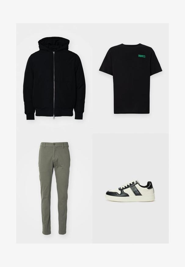 Black hooded jacket with front zipper, kangaroo pocket, ribbed cuffs, and hem, displayed on a plain white background.; Black t-shirt made of cotton with short sleeves. Features a green "ROOTS" logo on the front, round neckline, and standard fit.; Olive green trousers made of a smooth fabric, featuring a button closure, belt loops, and straight cut. No visible patterns or accents.; Leather sneakers with a black and cream color scheme, featuring perforated accents, a padded collar, and a textured outsole.