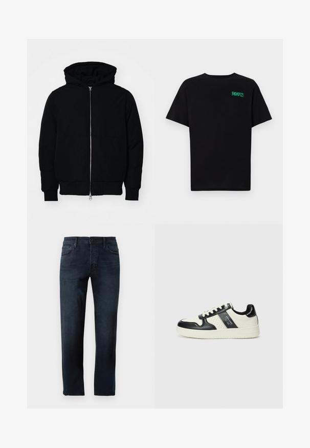 Mustaga kapuutsiga jakk, millel on esineed, kenguru tasku, soonikkoes, ja alläär, esitatud lihtsal valgel taustal.; Must t-särk, mis on valmistatud puuvillast, lühikeste varrukatega. Esipaneelil on roheline "ROOTS" logo, ümmargune kaelus ja tavapärane lõige.; Tume sinised teksad, valmistatud denimpurust, sirge jala kujundusega, ees nupuga ja tõmblukuga sulgemine ning viis taskut.; Nahatud nahkkingad musta ja kreemi värviskeemiga, millel on perforeeritud aktsendid, pehme krae ja tekstureeritud tallad.