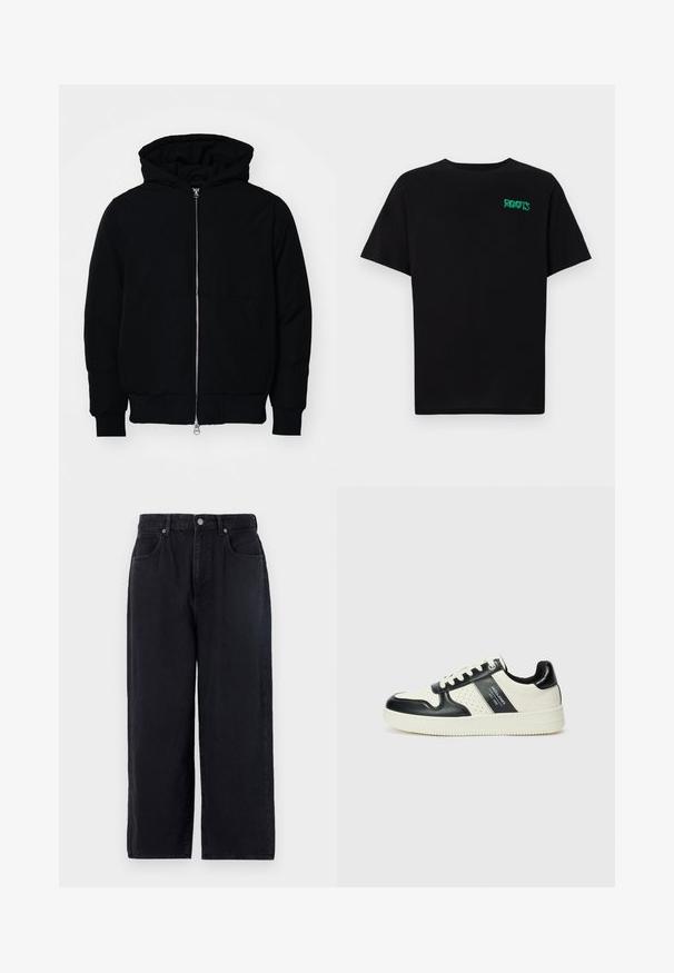 Melna kapucēta jaka ar priekšējo rāvējslēdzēju, kenguru kabatu, ribinātām aprocēm un apakšmalu, parādīta uz vienkārša balta fona.; Melna kokvilnas t-kreka ar īsām piedurknēm. Uz priekšu ir zaļa "ROOTS" logo, apaļa kakla izgriezums un standarta piegriezums.; Melna denima bikses ar taisnu kāju dizainu, ar piecām kabatām, pogu aizdari un tīru apdari. Izturīgs audums ar matētu tekstūru.; Ādas sporta apavi ar melnbaltu krāsu shēmu, ar perforētiem akcentiem, mīkstinātu apkakli un teksturētu zoli.