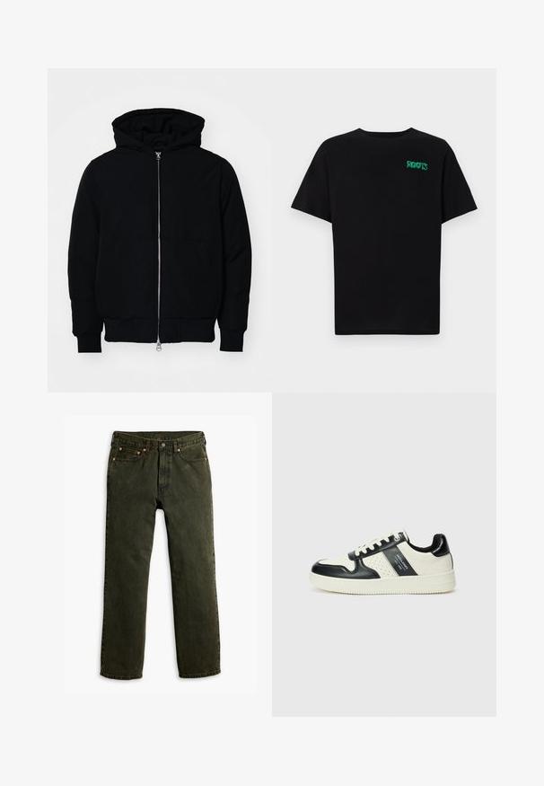 Črna kapuca jakna s sprednjim zadrgo, kenguru žepom, rebrastimi manšetami in hemom, razstavljena na enostavni beli ozadju.; Črna majica iz bombaža z kratkimi rokavi. Na sprednji strani ima zeleno logotip "ROOTS", okroglo ovratnico in standardno prileganje.; Levi's® 565 LOOSE STRAIGHT - Ohlapne kavbojke - flying solo od; Usnjeni športni čevlji z črno in krem barvno shemo, ki vključujejo perforirane dodatke, podložen ovratnik in strukturirano podplat.