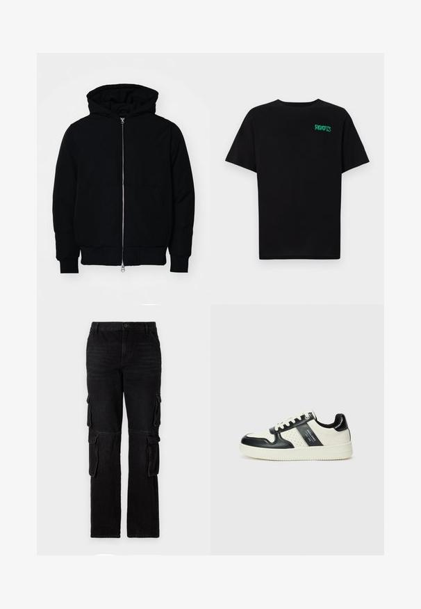 Crna kapuška jakna s prednjim zatvaračem, kenguru džepom, rebrastim manžetama i rubom, prikazana na običnoj bijeloj pozadini.; Crna majica kratkih rukava od pamuka. Na prednjem dijelu se nalazi zeleni "ROOTS" logo, okrugli izrez i standardni kroj.; Crne traperice s ravnim krojem, koje imaju dva bočna džepa i klasično dugme za zatvaranje. Teksturalna tkanina s minimalnim izbljeđivanjem.; Kožne tenisice s crno-bijelom paletom boja, koje imaju perforirane akcentne detalje, podstavljeni ovratnik i teksturiranu potplat.