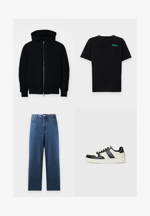 Giacca nera con cappuccio, dotata di zip frontale, tasca a marsupio, polsini e orlo a coste, esposta su uno sfondo bianco semplice.; T-shirt nera in cotone con maniche corte. Presenta un logo verde "ROOTS" sulla parte frontale, colletto rotondo e vestibilità standard.; Jeans in denim blu con una vestibilità dritta, vita alta e due tasche anteriori. Presentano dettagli con cuciture classiche e chiusura con bottone.; Sneakers in pelle con una combinazione di colori nero e crema, dotati di dettagli perforati, collare imbottito e suola testurizzata.