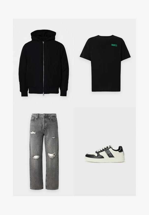 Mustat huppu-untuvatakki, jossa on vetoketju edessä, kenguru-tasku, ribatut hihansuut ja helma, esillä yksinkertaisella valkoisella taustalla.; Mustat t-paidat, jotka on valmistettu puuvillasta ja joissa on lyhyet hihat. Edessä vihreä "ROOTS"-logo, pyöreä kaula-aukko ja normaali istuvuus.; Harmaat farkut, joissa on löysä malli, joissa on kuluneet polvivälikkeet, klassinen viiden taskun muotoilu ja vetoketjukiinnitys.; Nahkakengät musta-kerma värimaailmassa, joissa on rei'itetyt yksityiskohdat, pehmustettu nilkkaosa ja teksturoitu pohja.