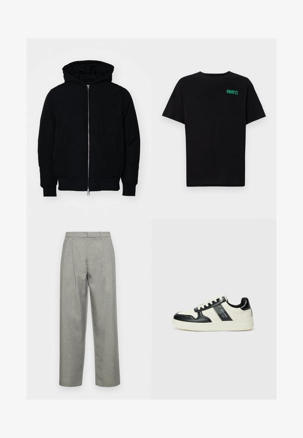 Veste à capuche noire avec fermeture éclair sur le devant, poche kangourou, poignets et ourlet côtelés, présentée sur un fond blanc uni.; T-shirt noir en coton à manches courtes. Présente un logo "ROOTS" vert sur le devant, un col rond et une coupe standard.; Pantalons gris sur mesure en tissu texturé, avec une coupe droite, des plis avant et une taille standard avec passants de ceinture.; Baskets en cuir avec un schéma de couleurs noir et crème, dotées d'accents perforés, d'un col rembourré et d'une semelle texturée.