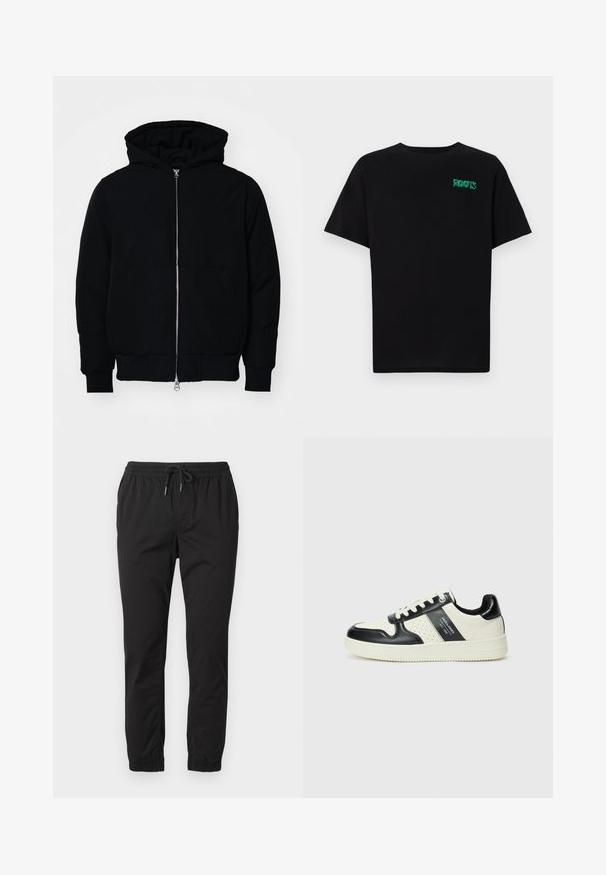 Black hooded jacket with front zipper, kangaroo pocket, ribbed cuffs, and hem, displayed on a plain white background.; Black t-shirt made of cotton with short sleeves. Features a green "ROOTS" logo on the front, round neckline, and standard fit.; Black jogger pants with an elasticated waistband, drawstring ties, and cuffed ankles. Made from smooth, lightweight fabric.; Leather sneakers with a black and cream color scheme, featuring perforated accents, a padded collar, and a textured outsole.